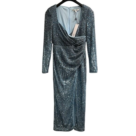 Badgley Mischka Dress Womens 4 Teal Multi Sequin‎ Faux Wrap Midi Cocktail SC3904 - Picture 1 of 11